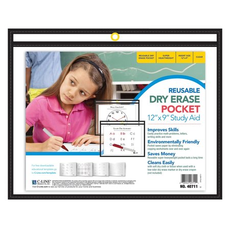 C-Line Products Horizontal Reusable Dry Erase Pocket, Black, 12 x 9 Set of 30 Pockets, 30PK 40711-BX